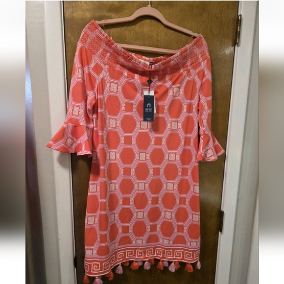 NWT Cabana Life Dress Sz L  Coral Geo Coverlex Smocked Off The Shoulder UPF 50+ - Picture 4 of 15